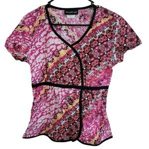 Los Angeles Rose Scrub Top Womens Size Small Pink Floral Nursing Medical